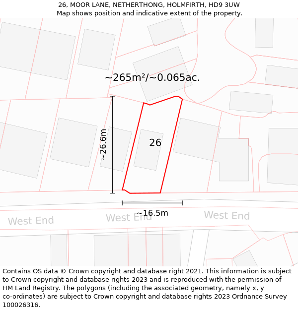 26, MOOR LANE, NETHERTHONG, HOLMFIRTH, HD9 3UW: Plot and title map