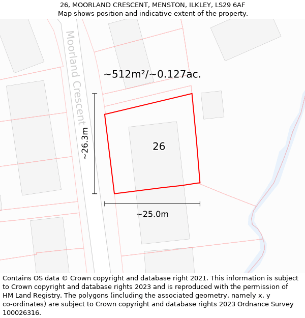 26, MOORLAND CRESCENT, MENSTON, ILKLEY, LS29 6AF: Plot and title map