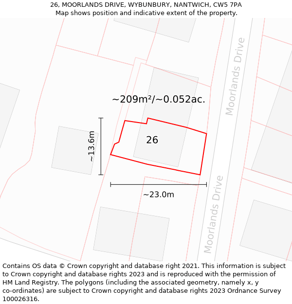 26, MOORLANDS DRIVE, WYBUNBURY, NANTWICH, CW5 7PA: Plot and title map