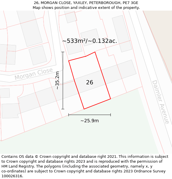 26, MORGAN CLOSE, YAXLEY, PETERBOROUGH, PE7 3GE: Plot and title map