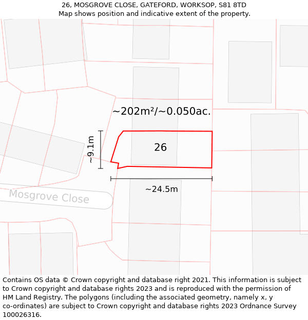 26, MOSGROVE CLOSE, GATEFORD, WORKSOP, S81 8TD: Plot and title map