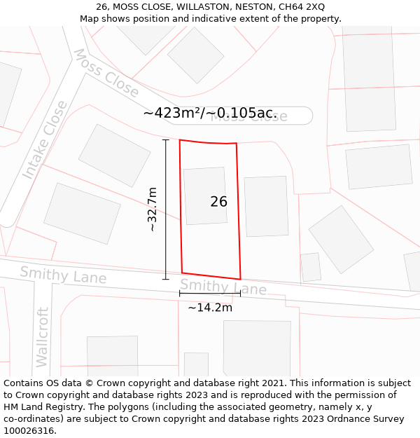 26, MOSS CLOSE, WILLASTON, NESTON, CH64 2XQ: Plot and title map