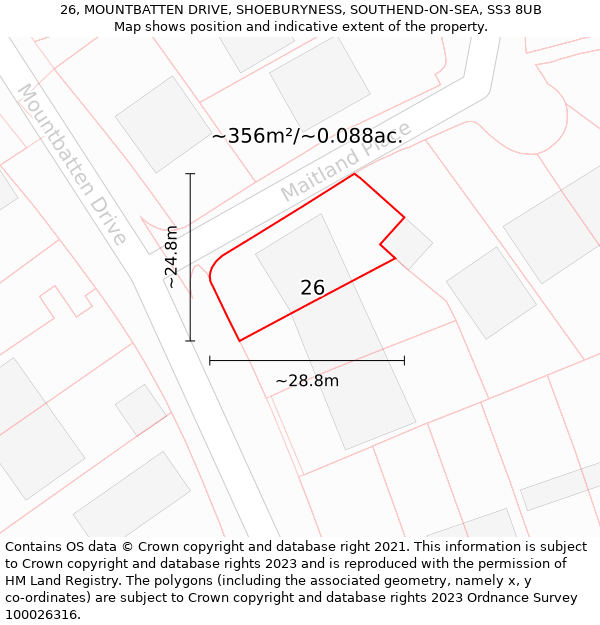 26, MOUNTBATTEN DRIVE, SHOEBURYNESS, SOUTHEND-ON-SEA, SS3 8UB: Plot and title map