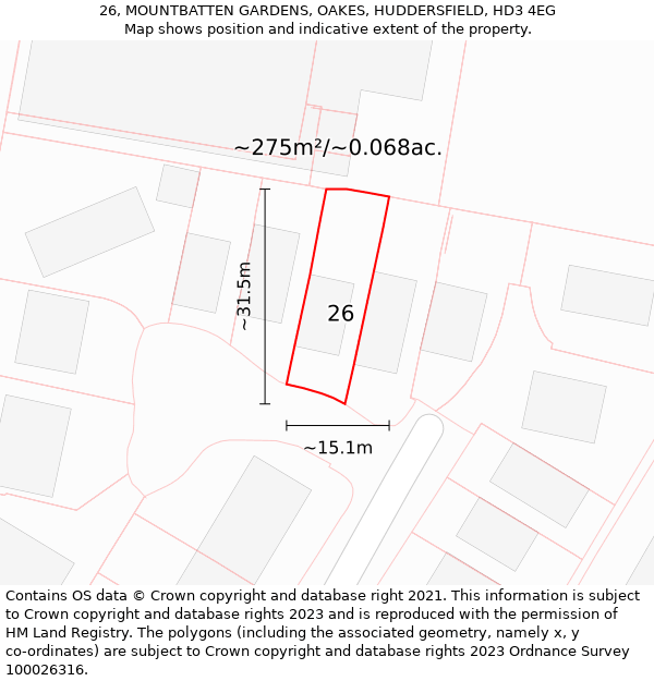 26, MOUNTBATTEN GARDENS, OAKES, HUDDERSFIELD, HD3 4EG: Plot and title map