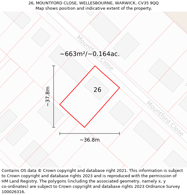 26, MOUNTFORD CLOSE, WELLESBOURNE, WARWICK, CV35 9QQ: Plot and title map