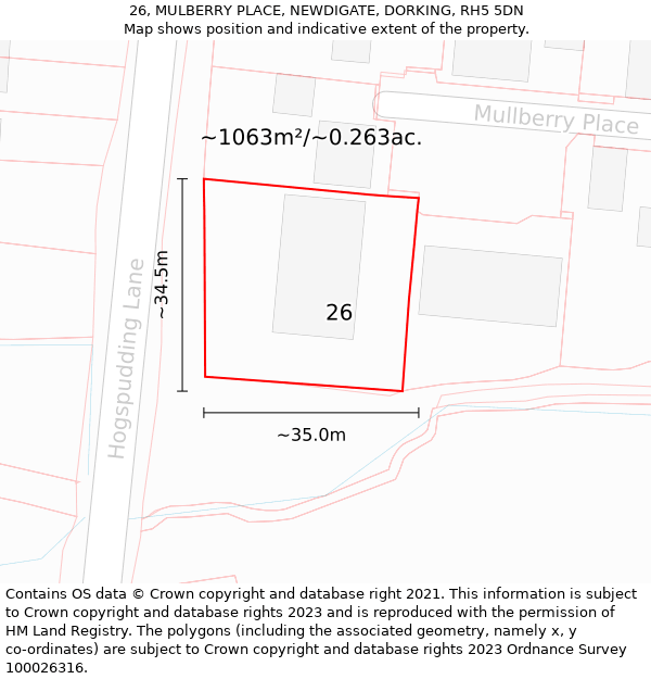 26, MULBERRY PLACE, NEWDIGATE, DORKING, RH5 5DN: Plot and title map