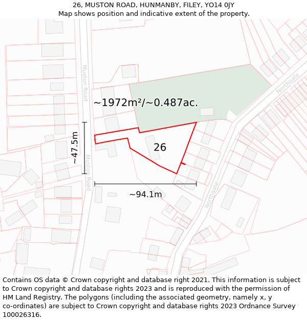 26, MUSTON ROAD, HUNMANBY, FILEY, YO14 0JY: Plot and title map