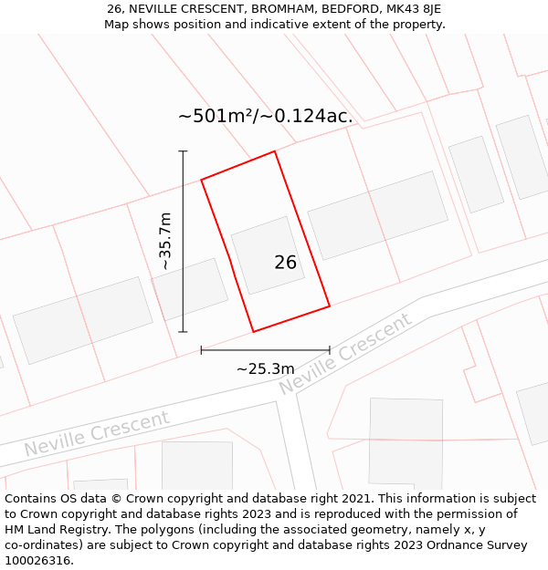 26, NEVILLE CRESCENT, BROMHAM, BEDFORD, MK43 8JE: Plot and title map