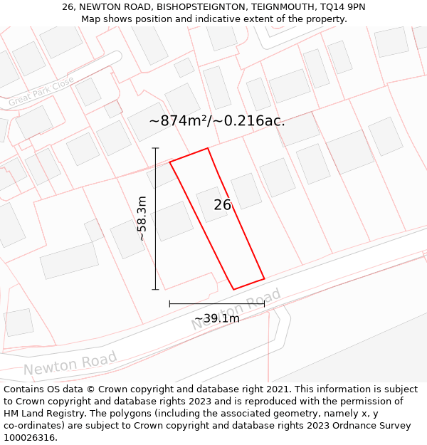 26, NEWTON ROAD, BISHOPSTEIGNTON, TEIGNMOUTH, TQ14 9PN: Plot and title map