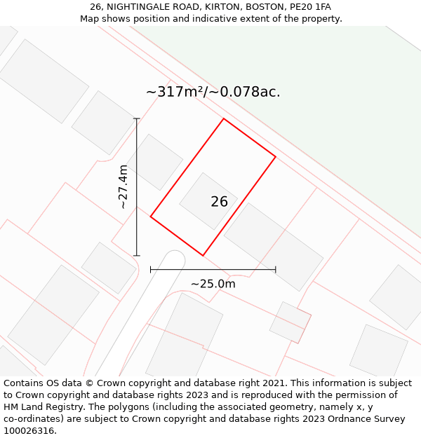 26, NIGHTINGALE ROAD, KIRTON, BOSTON, PE20 1FA: Plot and title map