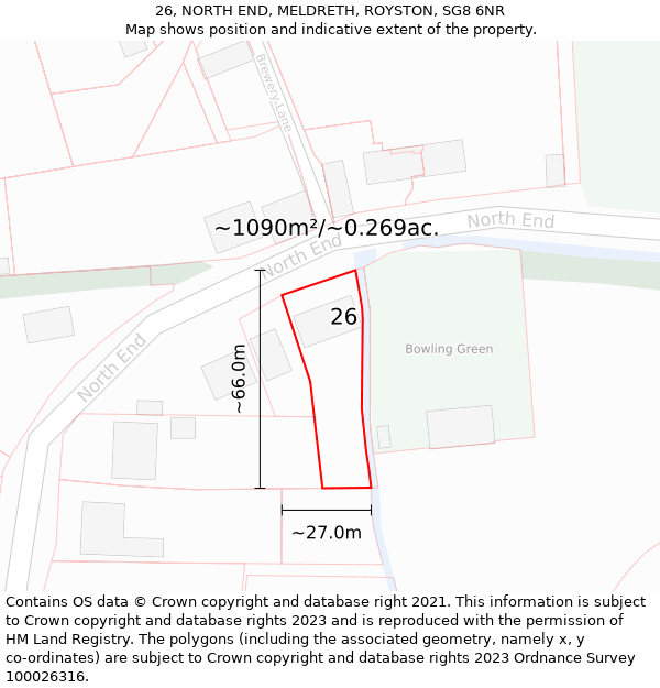 26, NORTH END, MELDRETH, ROYSTON, SG8 6NR: Plot and title map