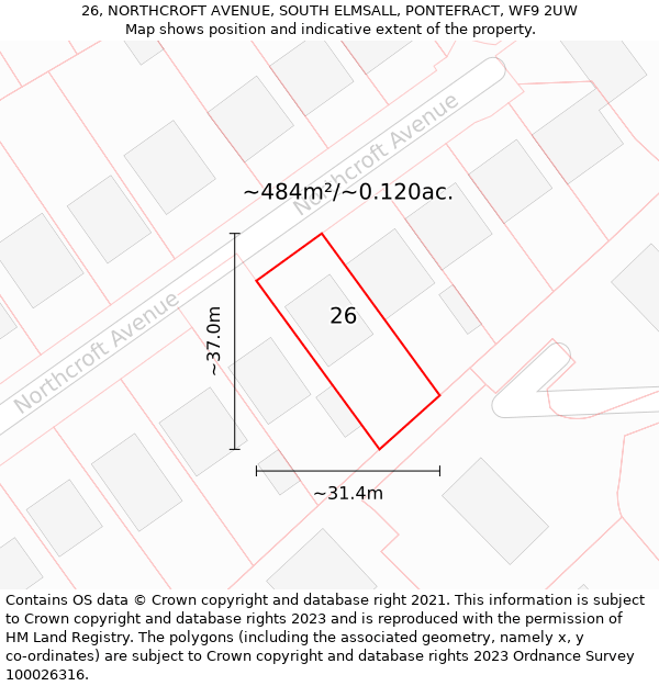 26, NORTHCROFT AVENUE, SOUTH ELMSALL, PONTEFRACT, WF9 2UW: Plot and title map