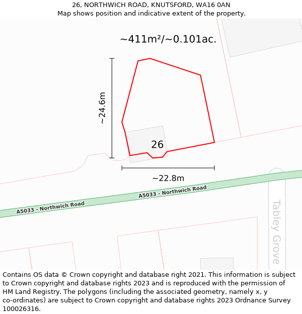 26, NORTHWICH ROAD, KNUTSFORD, WA16 0AN: Plot and title map