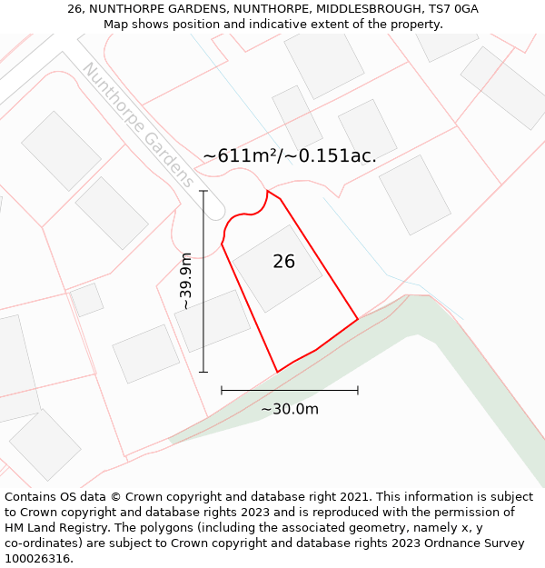 26, NUNTHORPE GARDENS, NUNTHORPE, MIDDLESBROUGH, TS7 0GA: Plot and title map