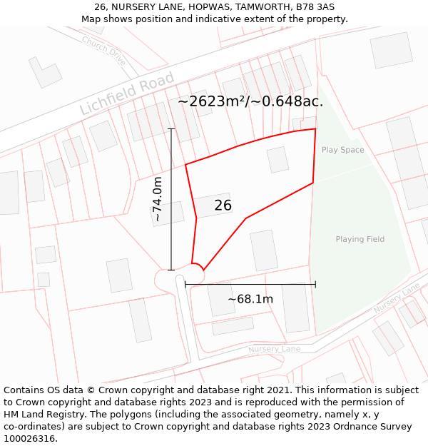 26, NURSERY LANE, HOPWAS, TAMWORTH, B78 3AS: Plot and title map