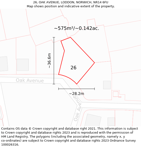 26, OAK AVENUE, LODDON, NORWICH, NR14 6FU: Plot and title map