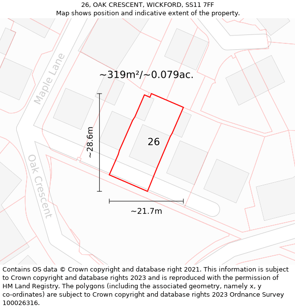 26, OAK CRESCENT, WICKFORD, SS11 7FF: Plot and title map