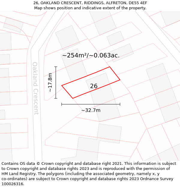 26, OAKLAND CRESCENT, RIDDINGS, ALFRETON, DE55 4EF: Plot and title map