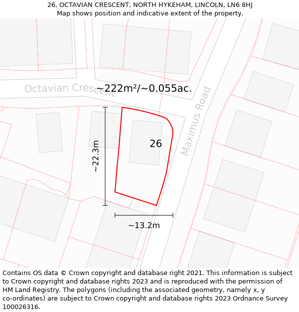 26, OCTAVIAN CRESCENT, NORTH HYKEHAM, LINCOLN, LN6 8HJ: Plot and title map