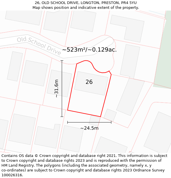 26, OLD SCHOOL DRIVE, LONGTON, PRESTON, PR4 5YU: Plot and title map