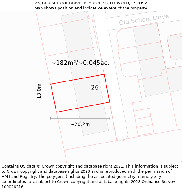 26, OLD SCHOOL DRIVE, REYDON, SOUTHWOLD, IP18 6JZ: Plot and title map