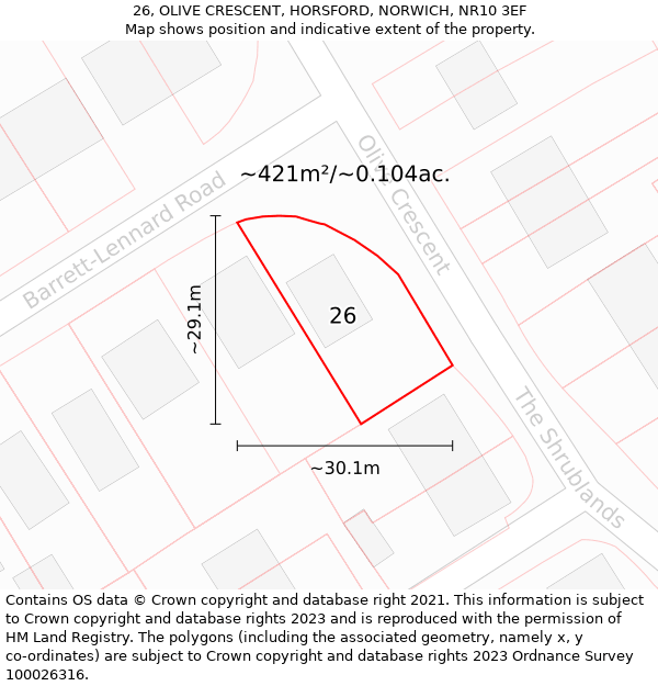 26, OLIVE CRESCENT, HORSFORD, NORWICH, NR10 3EF: Plot and title map