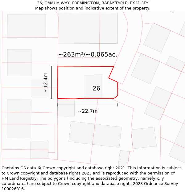 26, OMAHA WAY, FREMINGTON, BARNSTAPLE, EX31 3FY: Plot and title map