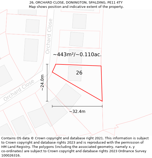 26, ORCHARD CLOSE, DONINGTON, SPALDING, PE11 4TY: Plot and title map