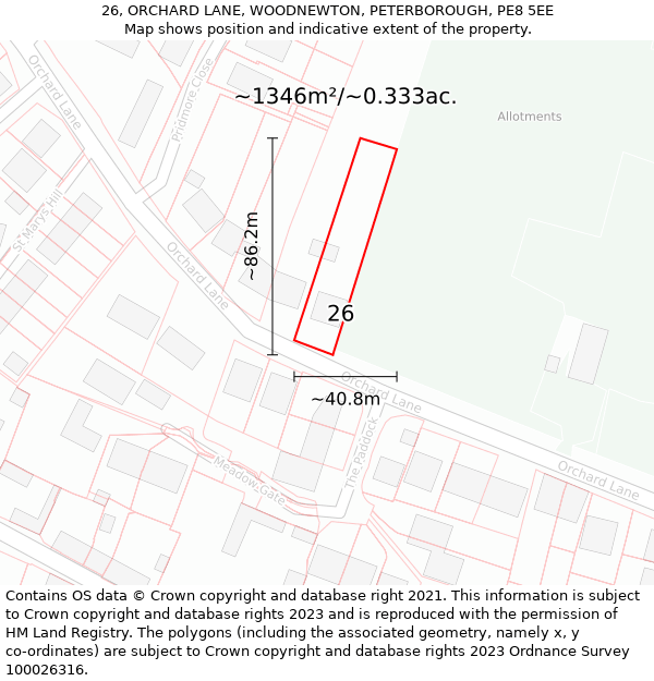 26, ORCHARD LANE, WOODNEWTON, PETERBOROUGH, PE8 5EE: Plot and title map