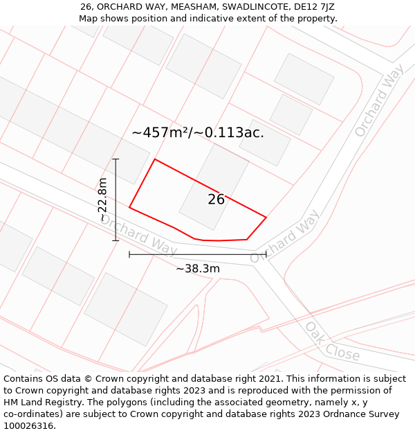 26, ORCHARD WAY, MEASHAM, SWADLINCOTE, DE12 7JZ: Plot and title map