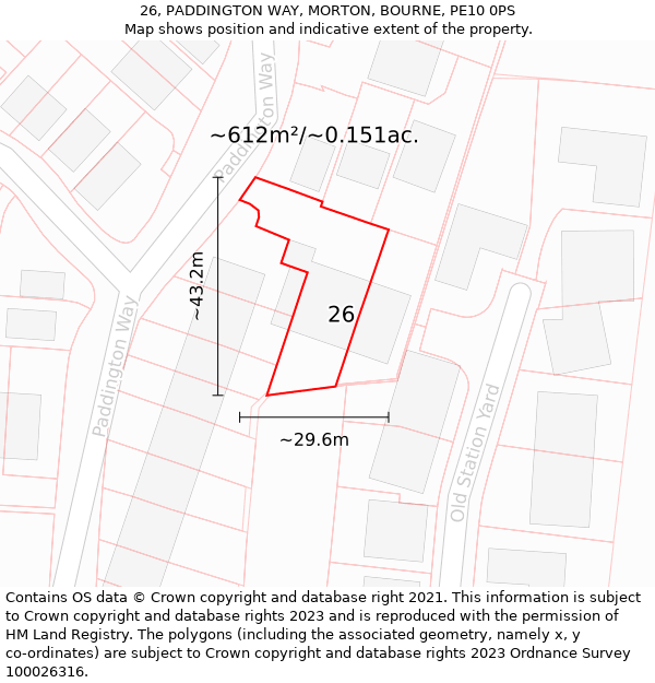 26, PADDINGTON WAY, MORTON, BOURNE, PE10 0PS: Plot and title map