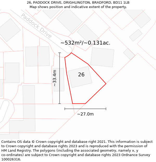 26, PADDOCK DRIVE, DRIGHLINGTON, BRADFORD, BD11 1LB: Plot and title map