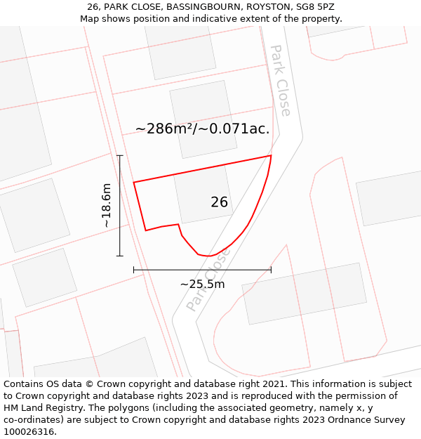 26, PARK CLOSE, BASSINGBOURN, ROYSTON, SG8 5PZ: Plot and title map