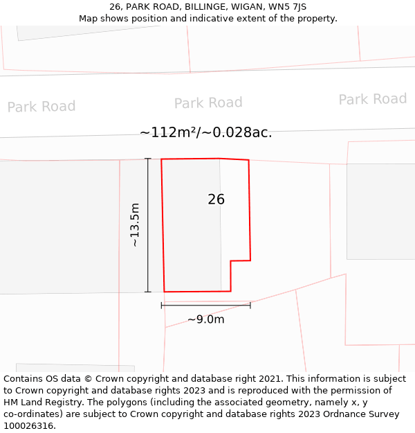 26, PARK ROAD, BILLINGE, WIGAN, WN5 7JS: Plot and title map