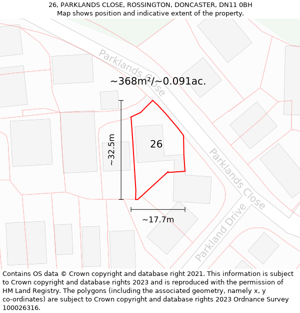 26, PARKLANDS CLOSE, ROSSINGTON, DONCASTER, DN11 0BH: Plot and title map