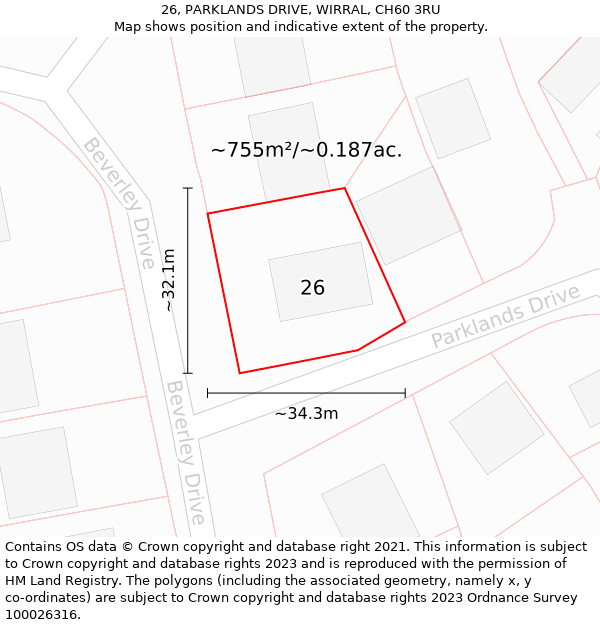 26, PARKLANDS DRIVE, WIRRAL, CH60 3RU: Plot and title map