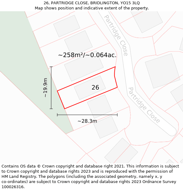 26, PARTRIDGE CLOSE, BRIDLINGTON, YO15 3LQ: Plot and title map