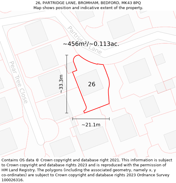 26, PARTRIDGE LANE, BROMHAM, BEDFORD, MK43 8PQ: Plot and title map