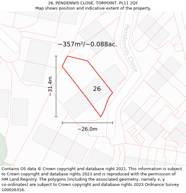 26, PENDENNIS CLOSE, TORPOINT, PL11 2QY: Plot and title map