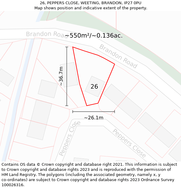 26, PEPPERS CLOSE, WEETING, BRANDON, IP27 0PU: Plot and title map
