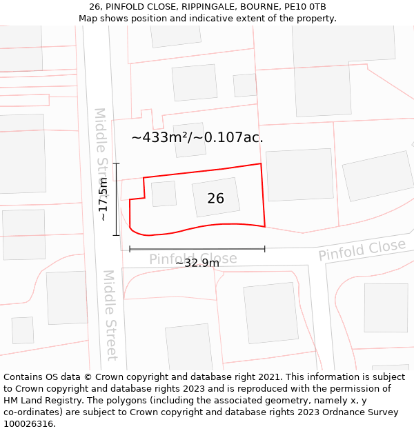 26, PINFOLD CLOSE, RIPPINGALE, BOURNE, PE10 0TB: Plot and title map