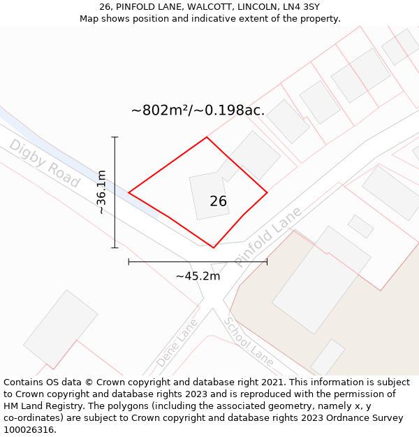 26, PINFOLD LANE, WALCOTT, LINCOLN, LN4 3SY: Plot and title map