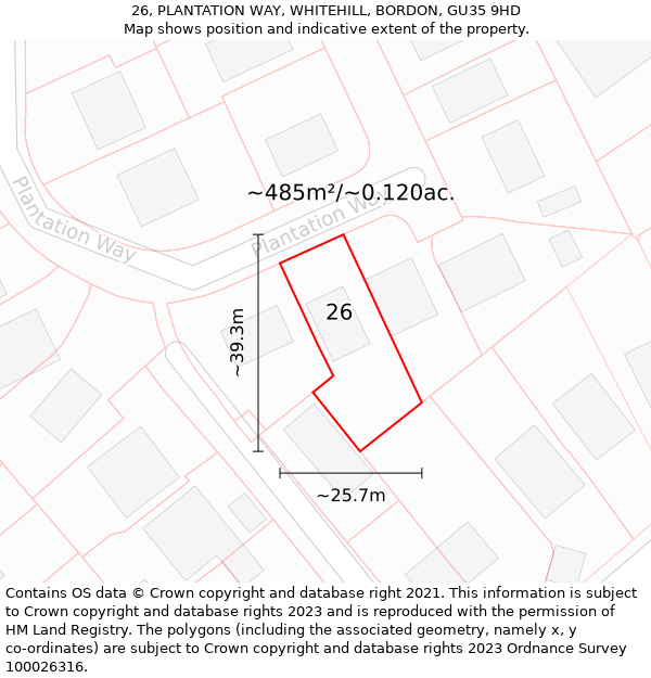 26, PLANTATION WAY, WHITEHILL, BORDON, GU35 9HD: Plot and title map