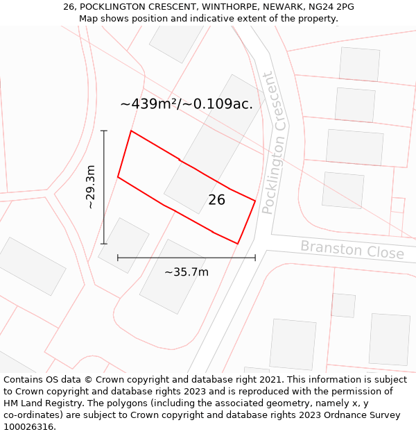 26, POCKLINGTON CRESCENT, WINTHORPE, NEWARK, NG24 2PG: Plot and title map