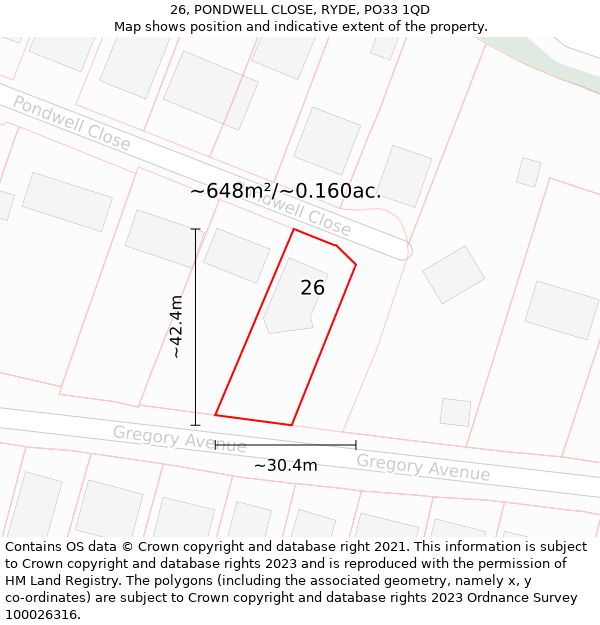 26, PONDWELL CLOSE, RYDE, PO33 1QD: Plot and title map