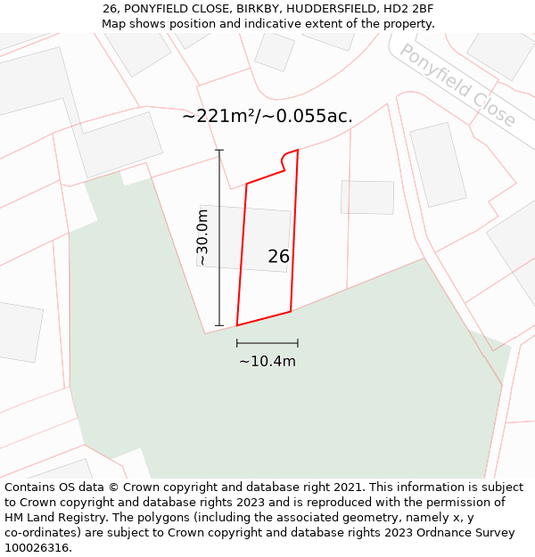 26, PONYFIELD CLOSE, BIRKBY, HUDDERSFIELD, HD2 2BF: Plot and title map