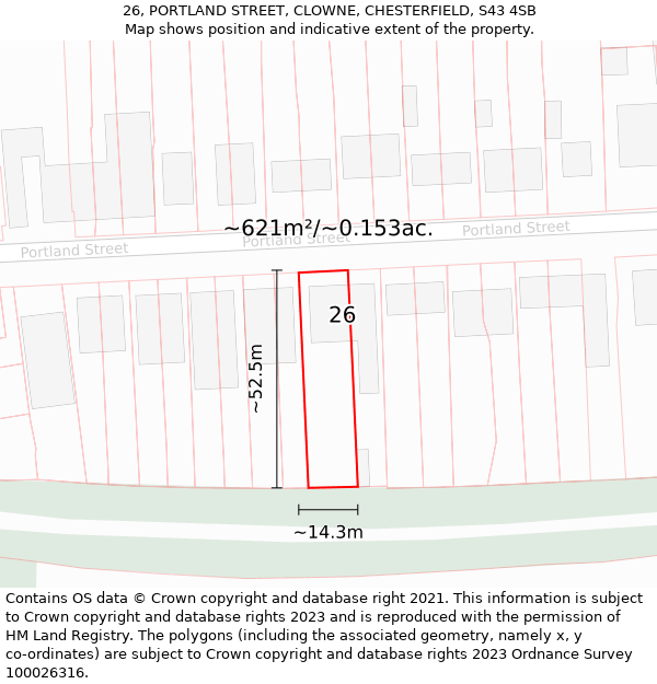 26, PORTLAND STREET, CLOWNE, CHESTERFIELD, S43 4SB: Plot and title map