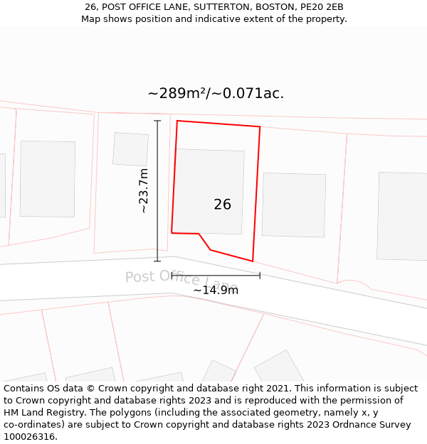 26, POST OFFICE LANE, SUTTERTON, BOSTON, PE20 2EB: Plot and title map