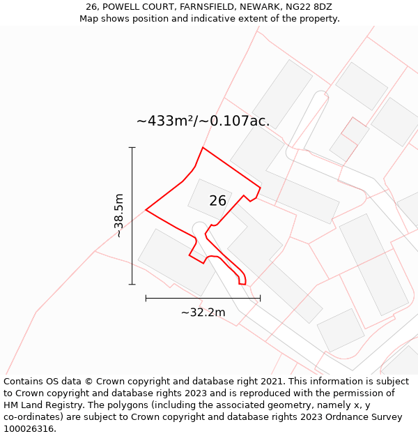 26, POWELL COURT, FARNSFIELD, NEWARK, NG22 8DZ: Plot and title map