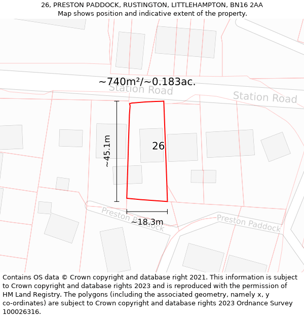 26, PRESTON PADDOCK, RUSTINGTON, LITTLEHAMPTON, BN16 2AA: Plot and title map